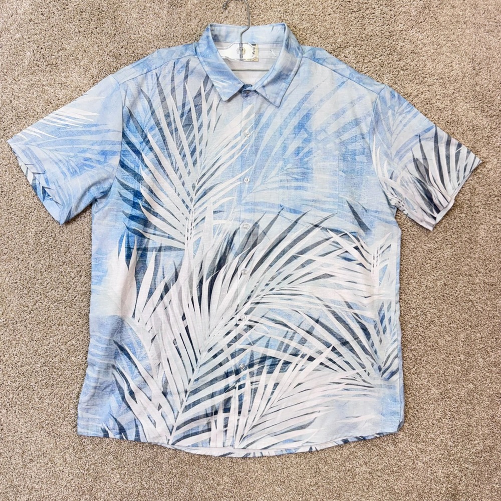 Hardaddy Button Up‎ Shirt Mens Large Blue Palm Leaf Print Short Sleeve Tropical
